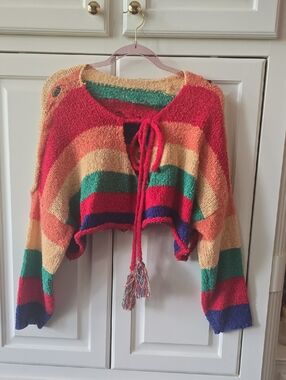 Tie-Front Multicolor Striped Cropped Sweater - Women's